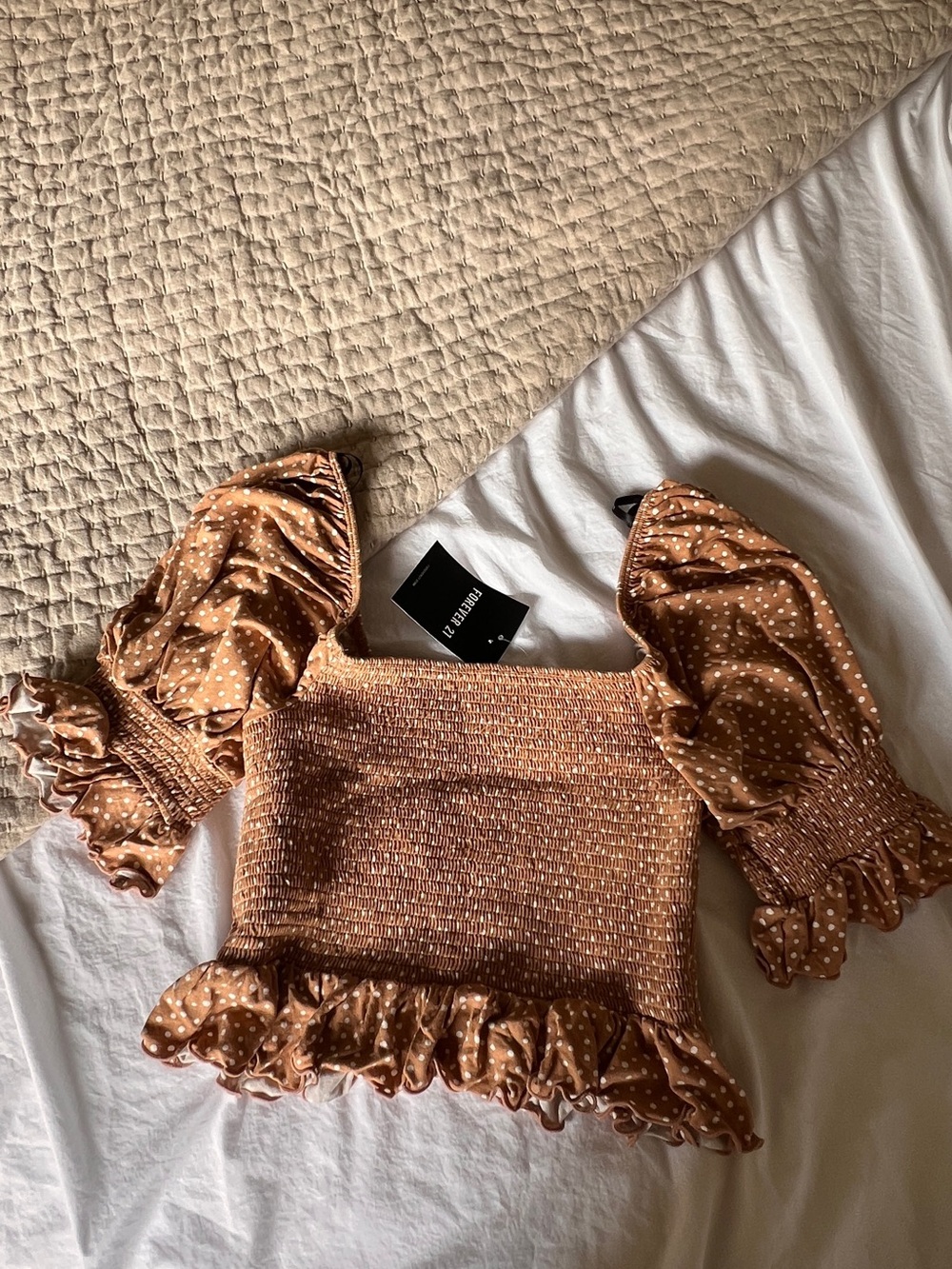 Forever 21 Brown Polka Dot Smocked Puff Sleeve Crop Top